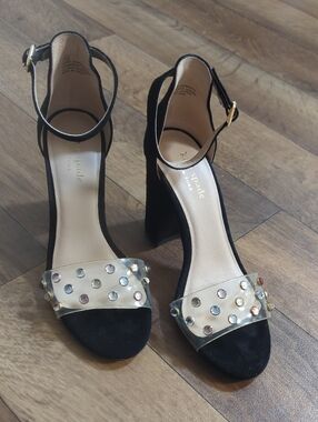 kate spade Black Block Heel Sandals with Clear Studded Strap